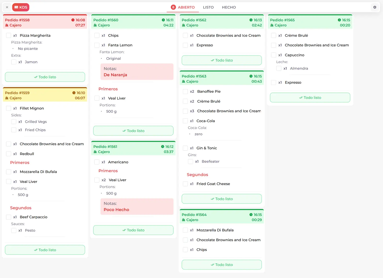 Guava's KDS (Kitchen Display System) interface showing kitchen orders