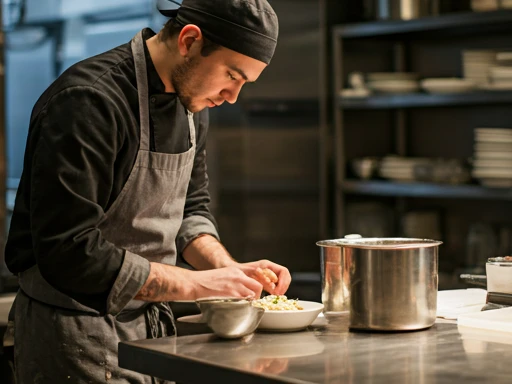 Chef preparing food in a busy commercial kitchen environment