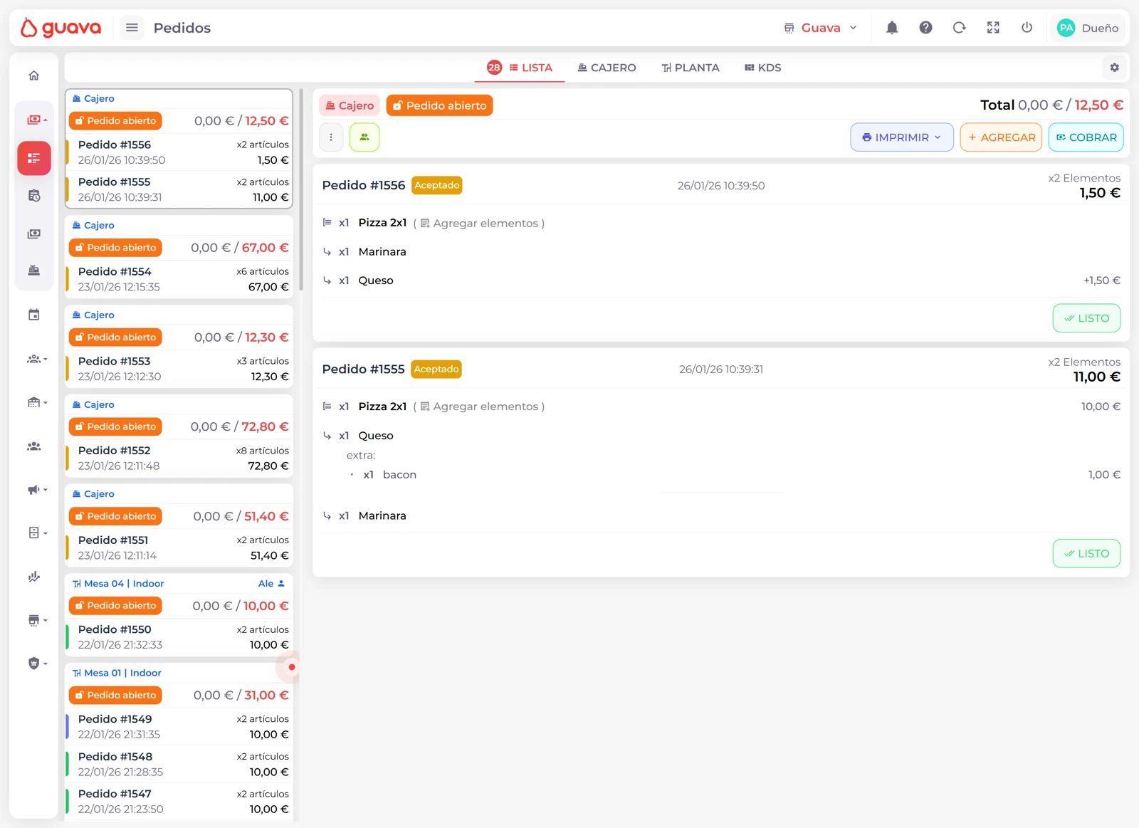 Lista de pedidos de Guava en escritorio